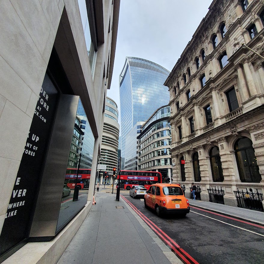 City of London street view with the Walkie Talkie building (20 Fenchurch Street) in the background