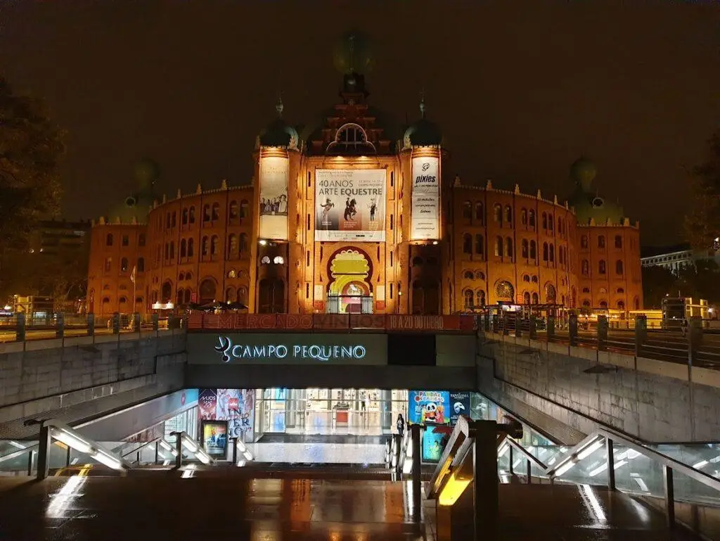 Campo Pequeno in Lisbon illuminated at night – Neo-Moorish architecture landmark