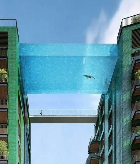 Embassy Gardens Sky Pool suspended between residential buildings in Battersea London