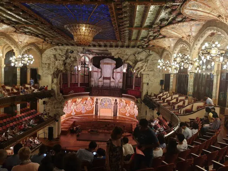 Interior of Palau de la Música Catalana concert hall in Barcelona, Spain, designed by Lluís Domènech i Montaner.