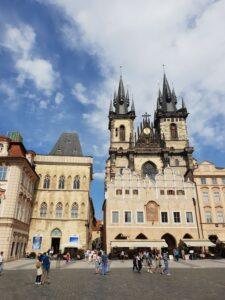 Church of Our Lady before Týn in Prague with its Gothic twin towers viewed from Old Town Square.